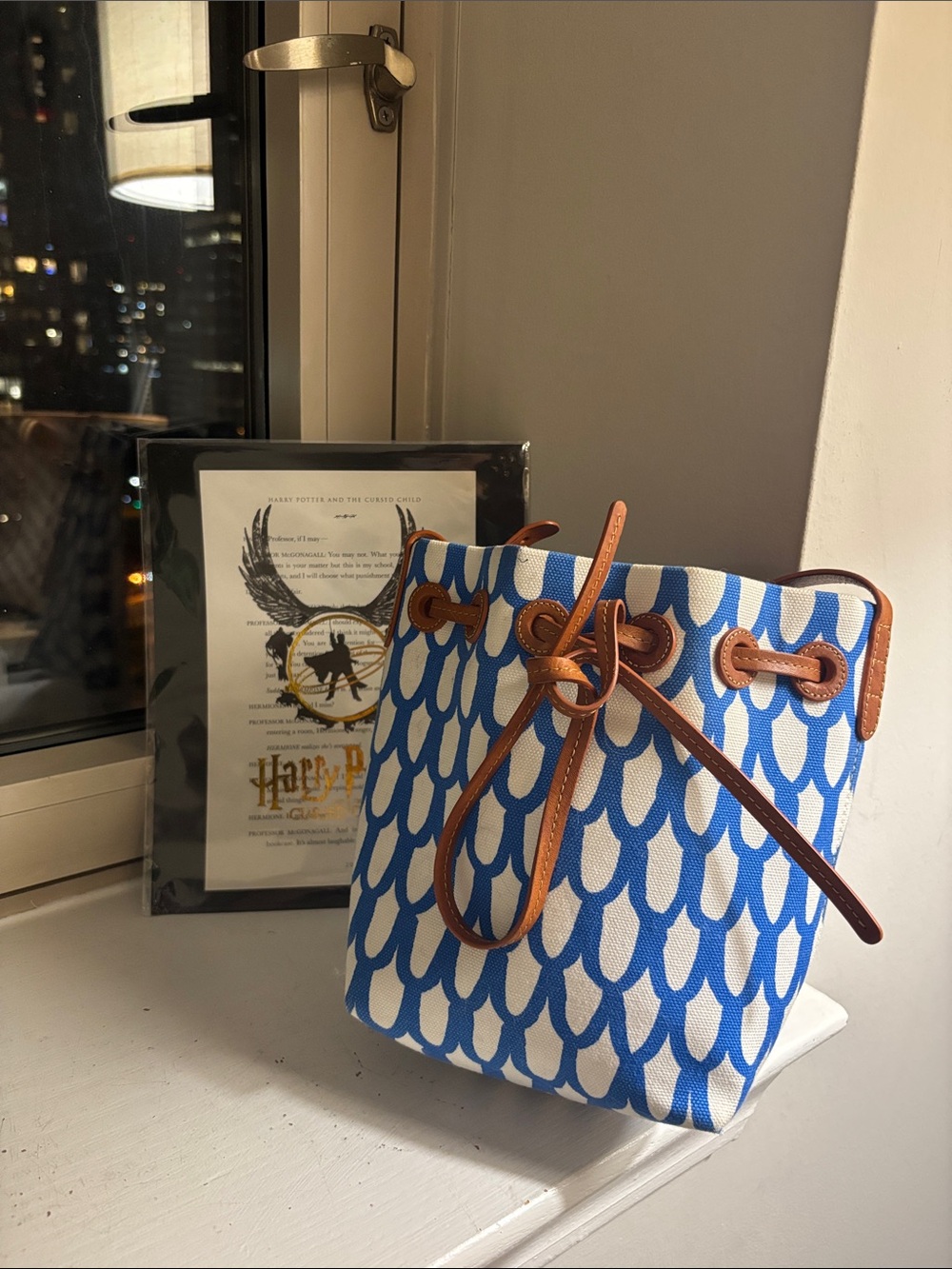Mansur Gavriel Blue and White Patterned Canvas Crossbody with Brown Leather Trim